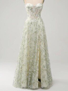 Zapaka A-Line Corset Prom Dress Embroidery White and Green Floral